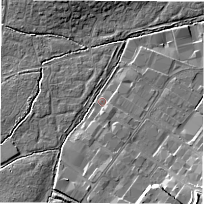 Shaded relief map of the ground around SO534RA, computed from Environment Agency LiDAR. The ground here sits at about 25 m above sea level and falls 17 m across the surrounding 800 m. Surface water reaching this point runs off ground lying to the south, 3.0 m higher.