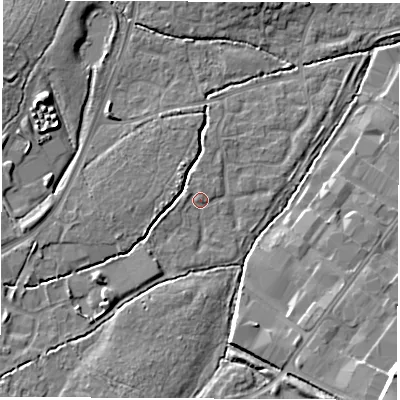 Shaded relief map of the ground around SO534RE, computed from Environment Agency LiDAR. The ground here sits at about 26 m above sea level and falls 14 m across the surrounding 800 m. Surface water reaching this point runs off ground lying to the west, 1.0 m higher.