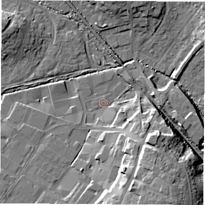 Shaded relief map of the ground around SO534SE, computed from Environment Agency LiDAR. The ground here sits at about 22 m above sea level and falls 22 m across the surrounding 800 m. Surface water reaching this point runs off ground lying to the south-east, 12.4 m higher.