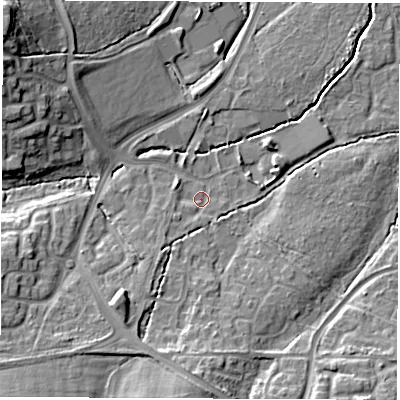 Shaded relief map of the ground around SO534ST, computed from Environment Agency LiDAR. The ground here sits at about 28 m above sea level and falls 18 m across the surrounding 800 m. Surface water reaching this point runs off ground lying to the south-west, 10.5 m higher.