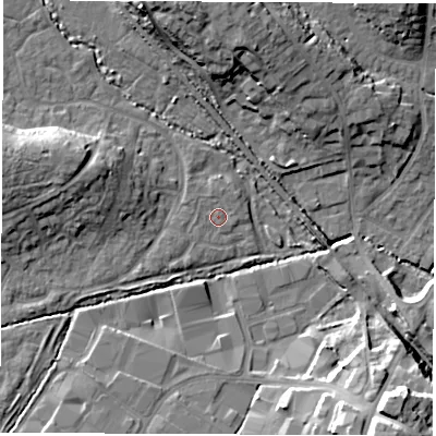 Shaded relief map of the ground around SO534SY, computed from Environment Agency LiDAR. The ground here sits at about 23 m above sea level and falls 20 m across the surrounding 800 m. Surface water reaching this point runs off ground lying to the north-west, 0.9 m higher.