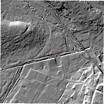 Shaded relief map of the ground around SO534SZ, computed from Environment Agency LiDAR. The ground here sits at about 23 m above sea level and falls 21 m across the surrounding 800 m. Surface water reaching this point runs off ground lying to the west-north-west, 10.1 m higher.