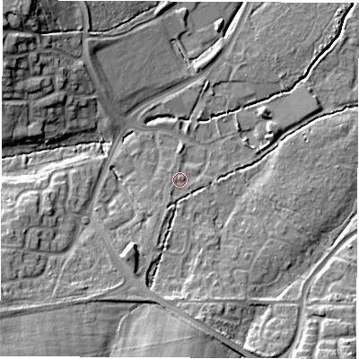 Shaded relief map of the ground around SO534TD, computed from Environment Agency LiDAR. The ground here sits at about 30 m above sea level and falls 18 m across the surrounding 800 m. Surface water reaching this point runs off ground lying to the south-west, 10.7 m higher.