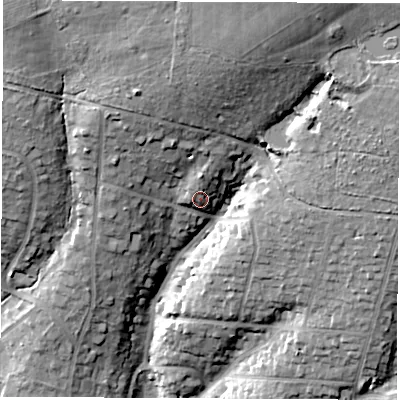 Shaded relief map of the ground around SO535BA, computed from Environment Agency LiDAR. The ground here sits at about 62 m above sea level and falls 33 m across the surrounding 800 m. Surface water reaching this point runs off ground lying to the north-north-east, 19.1 m higher.