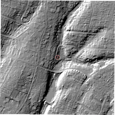 Shaded relief map of the ground around SO535BL, computed from Environment Agency LiDAR. The ground here sits at about 46 m above sea level and falls 31 m across the surrounding 800 m. Surface water reaching this point runs off ground lying to the north-west, 6.6 m higher.
