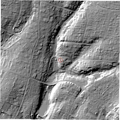 Shaded relief map of the ground around SO535BP, computed from Environment Agency LiDAR. The ground here sits at about 49 m above sea level and falls 32 m across the surrounding 800 m. Surface water reaching this point runs off ground lying to the north-north-east, 3.6 m higher.