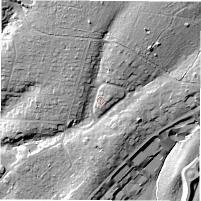 Shaded relief map of the ground around SO535DP, computed from Environment Agency LiDAR. The ground here sits at about 60 m above sea level and falls 30 m across the surrounding 800 m. Surface water reaching this point runs off ground lying to the north-east, 4.8 m higher.