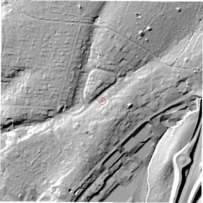 Shaded relief map of the ground around SO535DQ, computed from Environment Agency LiDAR. The ground here sits at about 58 m above sea level and falls 29 m across the surrounding 800 m. Surface water reaching this point runs off ground lying to the north-north-east, 17.1 m higher.
