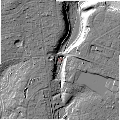 Shaded relief map of the ground around SO535NL, computed from Environment Agency LiDAR. The ground here sits at about 40 m above sea level and falls 27 m across the surrounding 800 m. Surface water reaching this point runs off ground lying to the north, 20.5 m higher.