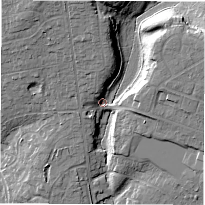 Shaded relief map of the ground around SO535NN, computed from Environment Agency LiDAR. The ground here sits at about 41 m above sea level and falls 26 m across the surrounding 800 m. Surface water reaching this point runs off ground lying to the north, 21.6 m higher.