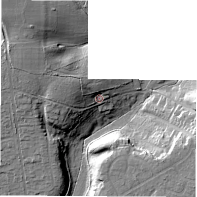 Shaded relief map of the ground around SO535QD, computed from Environment Agency LiDAR. The ground here sits at about 53 m above sea level and falls 35 m across the surrounding 800 m. Surface water reaching this point runs off ground lying to the north-west, 10.9 m higher.
