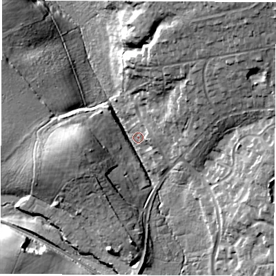 Shaded relief map of the ground around SO535RY, computed from Environment Agency LiDAR. The ground here sits at about 32 m above sea level and falls 27 m across the surrounding 800 m. Surface water reaching this point runs off ground lying to the north-east, 24.9 m higher.