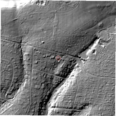 Shaded relief map of the ground around SO535SP, computed from Environment Agency LiDAR. The ground here sits at about 66 m above sea level and falls 33 m across the surrounding 800 m. Surface water reaching this point runs off ground lying to the north-north-east, 16.1 m higher.