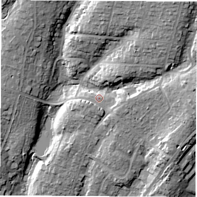 Shaded relief map of the ground around SO535SS, computed from Environment Agency LiDAR. The ground here sits at about 49 m above sea level and falls 33 m across the surrounding 800 m. Surface water reaching this point runs off ground lying to the west-south-west, 1.8 m higher.