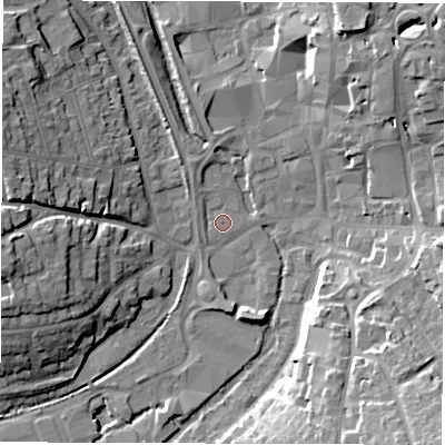 Shaded relief map of the ground around SP101AA, computed from Environment Agency LiDAR. The ground here sits at about 57 m above sea level and falls 23 m across the surrounding 800 m. Surface water reaching this point runs off ground lying to the north-east, 15.1 m higher.
