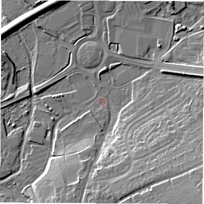 Shaded relief map of the ground around SP101AE, computed from Environment Agency LiDAR. The ground here sits at about 60 m above sea level and falls 23 m across the surrounding 800 m. Surface water reaching this point runs off ground lying to the south-east, 16.3 m higher.