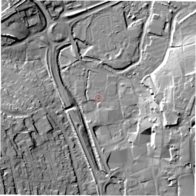 Shaded relief map of the ground around SP101AH, computed from Environment Agency LiDAR. The ground here sits at about 58 m above sea level and falls 18 m across the surrounding 800 m. Surface water reaching this point runs off ground lying to the south-west, 3.6 m higher.