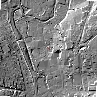 Shaded relief map of the ground around SP101AL, computed from Environment Agency LiDAR. The ground here sits at about 58 m above sea level and falls 18 m across the surrounding 800 m. Surface water reaching this point runs off ground lying to the north-east, 14.5 m higher.
