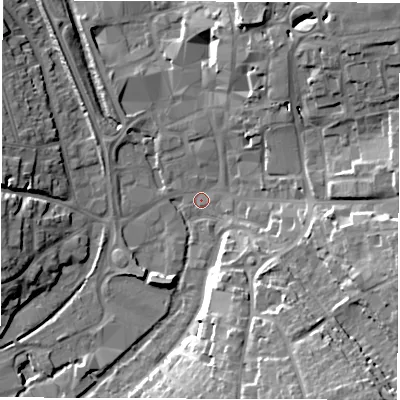 Shaded relief map of the ground around SP101BE, computed from Environment Agency LiDAR. The ground here sits at about 57 m above sea level and falls 24 m across the surrounding 800 m. Surface water reaching this point runs off ground lying to the south-east, 20.3 m higher.