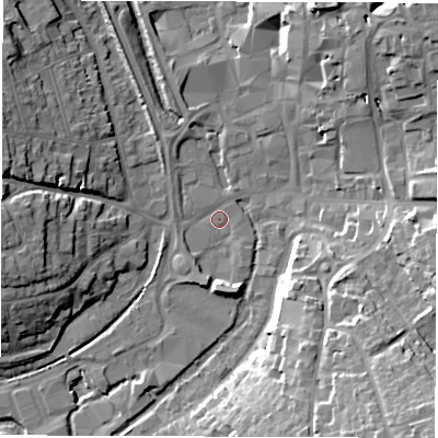 Shaded relief map of the ground around SP101BG, computed from Environment Agency LiDAR. The ground here sits at about 57 m above sea level and falls 25 m across the surrounding 800 m. Surface water reaching this point runs off ground lying to the north-north-east, 14.0 m higher.