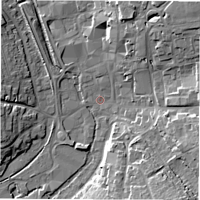 Shaded relief map of the ground around SP101BH, computed from Environment Agency LiDAR. The ground here sits at about 57 m above sea level and falls 23 m across the surrounding 800 m. Surface water reaching this point runs off ground lying to the south-east, 19.3 m higher.