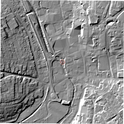 Shaded relief map of the ground around SP101BL, computed from Environment Agency LiDAR. The ground here sits at about 57 m above sea level and falls 18 m across the surrounding 800 m. Surface water reaching this point runs off ground lying to the north-east, 17.3 m higher.