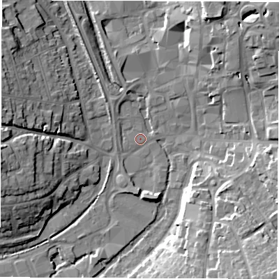 Shaded relief map of the ground around SP101BN, computed from Environment Agency LiDAR. The ground here sits at about 57 m above sea level and falls 23 m across the surrounding 800 m. Surface water reaching this point runs off ground lying to the east, 0.9 m higher.