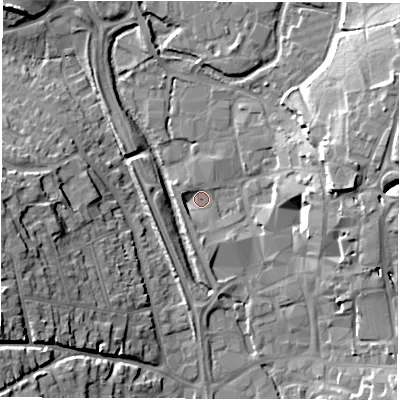 Shaded relief map of the ground around SP101BS, computed from Environment Agency LiDAR. The ground here sits at about 58 m above sea level and falls 17 m across the surrounding 800 m. Surface water reaching this point runs off ground lying to the west-north-west, 3.4 m higher.