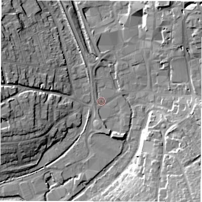 Shaded relief map of the ground around SP101BW, computed from Environment Agency LiDAR. The ground here sits at about 57 m above sea level and falls 23 m across the surrounding 800 m. Surface water reaching this point runs off ground lying to the north-east, 15.0 m higher.