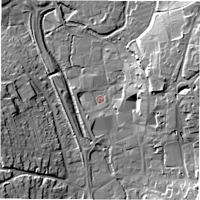 Shaded relief map of the ground around SP101DB, computed from Environment Agency LiDAR. The ground here sits at about 57 m above sea level and falls 17 m across the surrounding 800 m. Surface water reaching this point runs off ground lying to the south-west, 2.4 m higher.