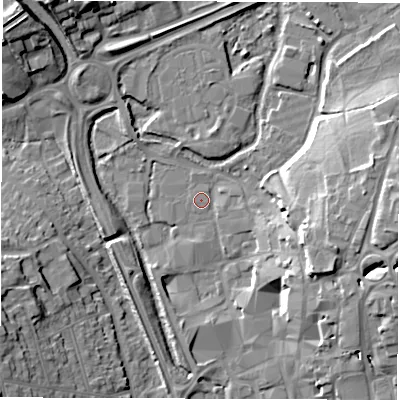 Shaded relief map of the ground around SP101DH, computed from Environment Agency LiDAR. The ground here sits at about 58 m above sea level and falls 17 m across the surrounding 800 m. Surface water reaching this point runs off ground lying to the south-west, 3.7 m higher.