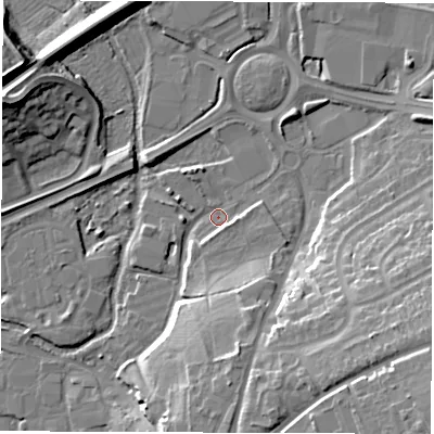 Shaded relief map of the ground around SP101DL, computed from Environment Agency LiDAR. The ground here sits at about 60 m above sea level and falls 22 m across the surrounding 800 m. Surface water reaching this point runs off ground lying to the south-south-east, 3.0 m higher.