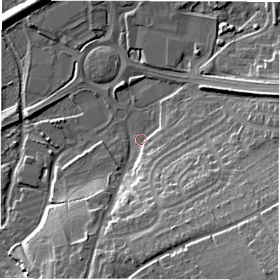 Shaded relief map of the ground around SP101DT, computed from Environment Agency LiDAR. The ground here sits at about 61 m above sea level and falls 25 m across the surrounding 800 m. Surface water reaching this point runs off ground lying to the south-south-east, 15.8 m higher.