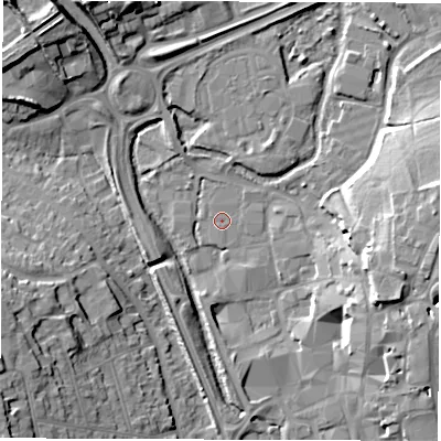 Shaded relief map of the ground around SP101EJ, computed from Environment Agency LiDAR. The ground here sits at about 58 m above sea level and falls 17 m across the surrounding 800 m. Surface water reaching this point runs off ground lying to the west-south-west, 15.1 m higher.