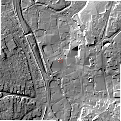 Shaded relief map of the ground around SP101LY, computed from Environment Agency LiDAR. The ground here sits at about 59 m above sea level and falls 18 m across the surrounding 800 m. Surface water reaching this point runs off ground lying to the west, 1.1 m higher.