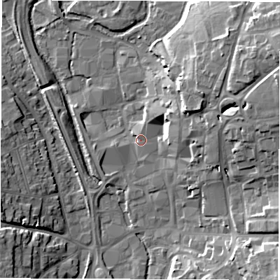 Shaded relief map of the ground around SP101LZ, computed from Environment Agency LiDAR. The ground here sits at about 59 m above sea level and falls 19 m across the surrounding 800 m. Surface water reaching this point runs off ground lying to the east-north-east, 12.4 m higher.