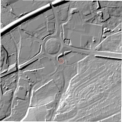 Shaded relief map of the ground around SP101NP, computed from Environment Agency LiDAR. The ground here sits at about 61 m above sea level and falls 21 m across the surrounding 800 m. Surface water reaching this point runs off ground lying to the north-north-west, 2.7 m higher.