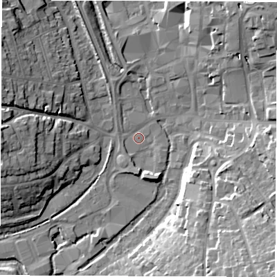 Shaded relief map of the ground around SP101QL, computed from Environment Agency LiDAR. The ground here sits at about 57 m above sea level and falls 25 m across the surrounding 800 m. Surface water reaching this point runs off ground lying to the north-east, 12.5 m higher.