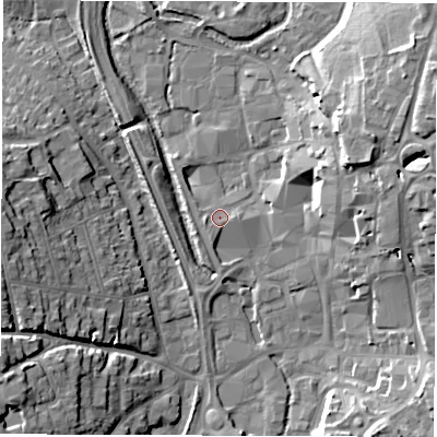 Shaded relief map of the ground around SP101QP, computed from Environment Agency LiDAR. The ground here sits at about 59 m above sea level and falls 17 m across the surrounding 800 m. Surface water reaching this point runs off ground lying to the west, 1.4 m higher.