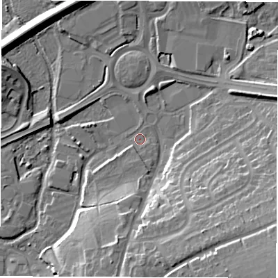 Shaded relief map of the ground around SP101RP, computed from Environment Agency LiDAR. The ground here sits at about 60 m above sea level and falls 23 m across the surrounding 800 m. Surface water reaching this point runs off ground lying to the south-east, 16.3 m higher.