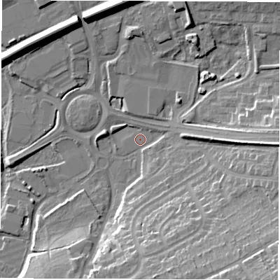 Shaded relief map of the ground around SP101RY, computed from Environment Agency LiDAR. The ground here sits at about 60 m above sea level and falls 22 m across the surrounding 800 m. Surface water reaching this point runs off ground lying to the south-east, 19.8 m higher.