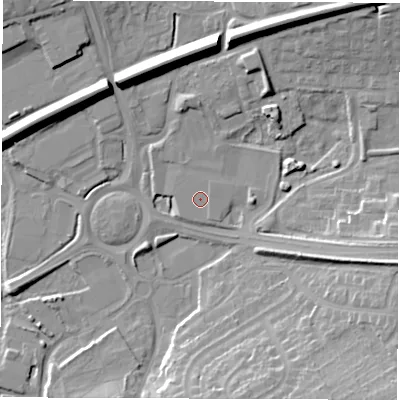 Shaded relief map of the ground around SP101UZ, computed from Environment Agency LiDAR. The ground here sits at about 62 m above sea level and falls 17 m across the surrounding 800 m. The ground contributing surface water to this point lies to the south-south-east.