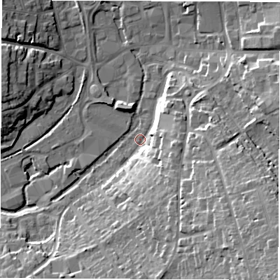 Shaded relief map of the ground around SP102BW, computed from Environment Agency LiDAR. The ground here sits at about 56 m above sea level and falls 30 m across the surrounding 800 m. Surface water reaching this point runs off ground lying to the south-south-east, 13.7 m higher.