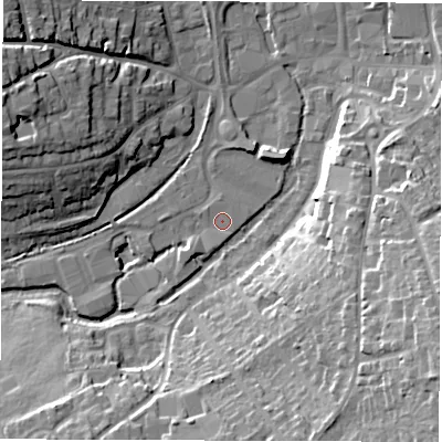 Shaded relief map of the ground around SP102RW, computed from Environment Agency LiDAR. The ground here sits at about 57 m above sea level and falls 24 m across the surrounding 800 m. Surface water reaching this point runs off ground lying to the south-south-east, 0.7 m higher.