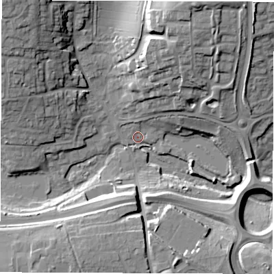 Shaded relief map of the ground around SP104AH, computed from Environment Agency LiDAR. The ground here sits at about 64 m above sea level and falls 27 m across the surrounding 800 m. Surface water reaching this point runs off ground lying to the north-north-east, 26.5 m higher.