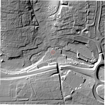 Shaded relief map of the ground around SP104AJ, computed from Environment Agency LiDAR. The ground here sits at about 64 m above sea level and falls 24 m across the surrounding 800 m. Surface water reaching this point runs off ground lying to the north-north-east, 24.1 m higher.