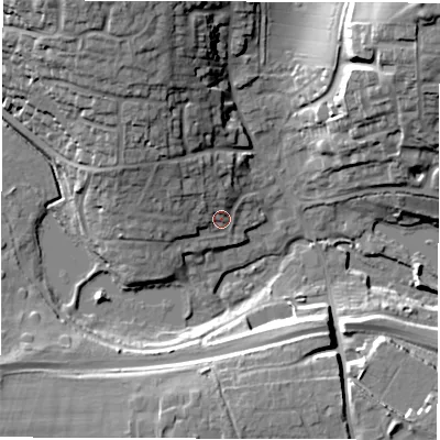 Shaded relief map of the ground around SP104AL, computed from Environment Agency LiDAR. The ground here sits at about 68 m above sea level and falls 27 m across the surrounding 800 m. Surface water reaching this point runs off ground lying to the north-west, 7.7 m higher.