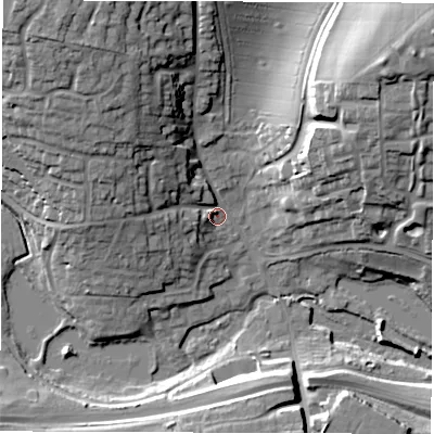 Shaded relief map of the ground around SP104AP, computed from Environment Agency LiDAR. The ground here sits at about 66 m above sea level and falls 27 m across the surrounding 800 m. Surface water reaching this point runs off ground lying to the north-west, 20.3 m higher.