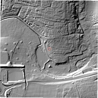 Shaded relief map of the ground around SP104AY, computed from Environment Agency LiDAR. The ground here sits at about 69 m above sea level and falls 22 m across the surrounding 800 m. Surface water reaching this point runs off ground lying to the north-north-east, 8.5 m higher.