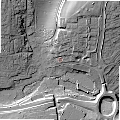 Shaded relief map of the ground around SP104DH, computed from Environment Agency LiDAR. The ground here sits at about 69 m above sea level and falls 29 m across the surrounding 800 m. Surface water reaching this point runs off ground lying to the north-east, 13.3 m higher.